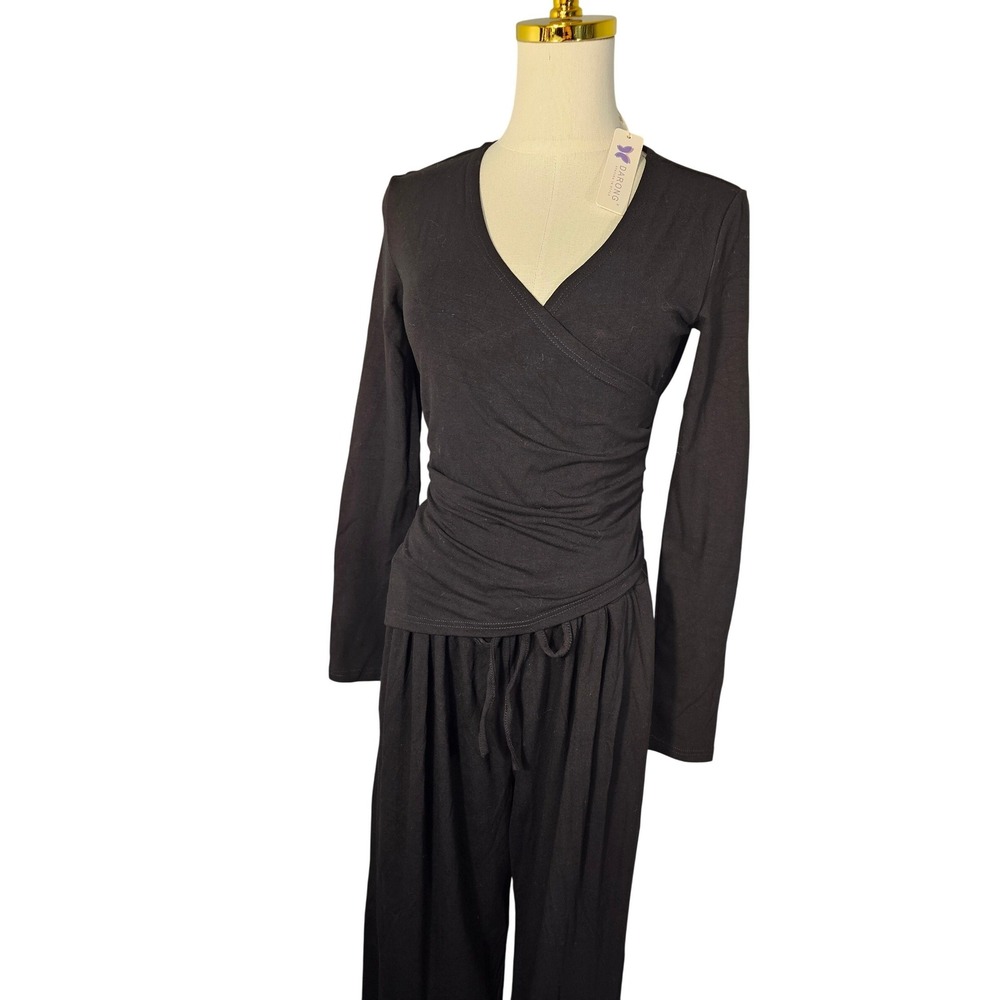New Darong 2 Piece Lounge Set Black Wrap V-Neck Top Wide Leg‎ Pants Size M NEW